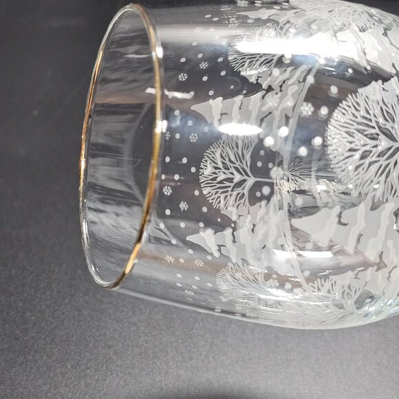 2 Libbey PINES Wine Glasses 10oz Winter Scene white decal gold rim Arbys Lynns - Picture 9 of 11